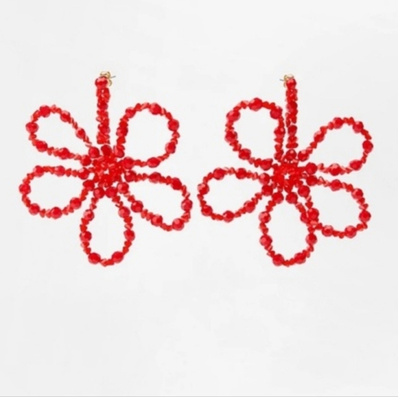 Red beaded flower shape drop earrings As Seen In FARM RIO Website • NWOT - Picture 3 of 11